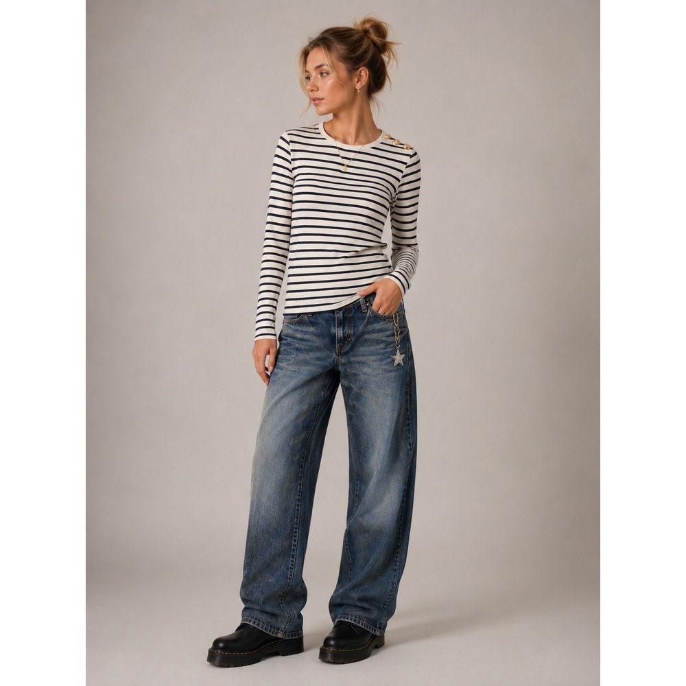 English Factory Striped Long Sleeve Top Cream Navy Gold Shoulder Buttons Small